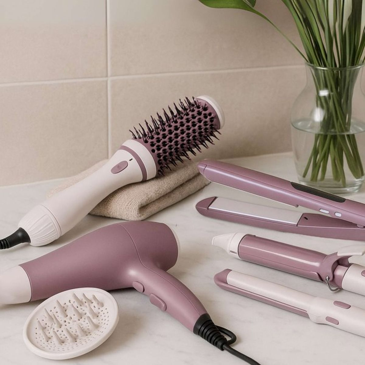 Un set di strumenti per lo styling dei capelli rosa e bianchi, tra cui phon, piastra e ferro arricciacapelli.