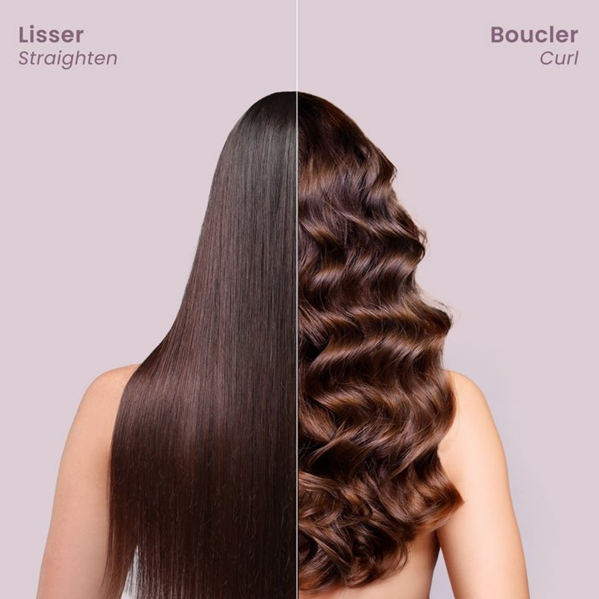 Confronto tra capelli castani lisci e ricci visti da dietro su sfondo chiaro.