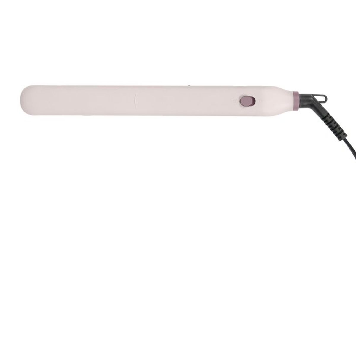 Una piastra per capelli rosa chiaro con cavo nero su sfondo bianco.