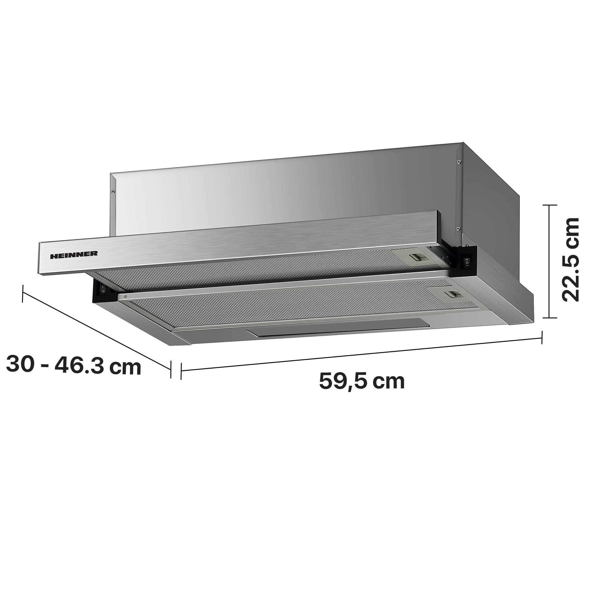 Silberne Heinner Dunstabzugshaube mit Maßlinien für Breite 59,5 cm, Tiefe 30-46,3 cm und Höhe 22,5 cm.