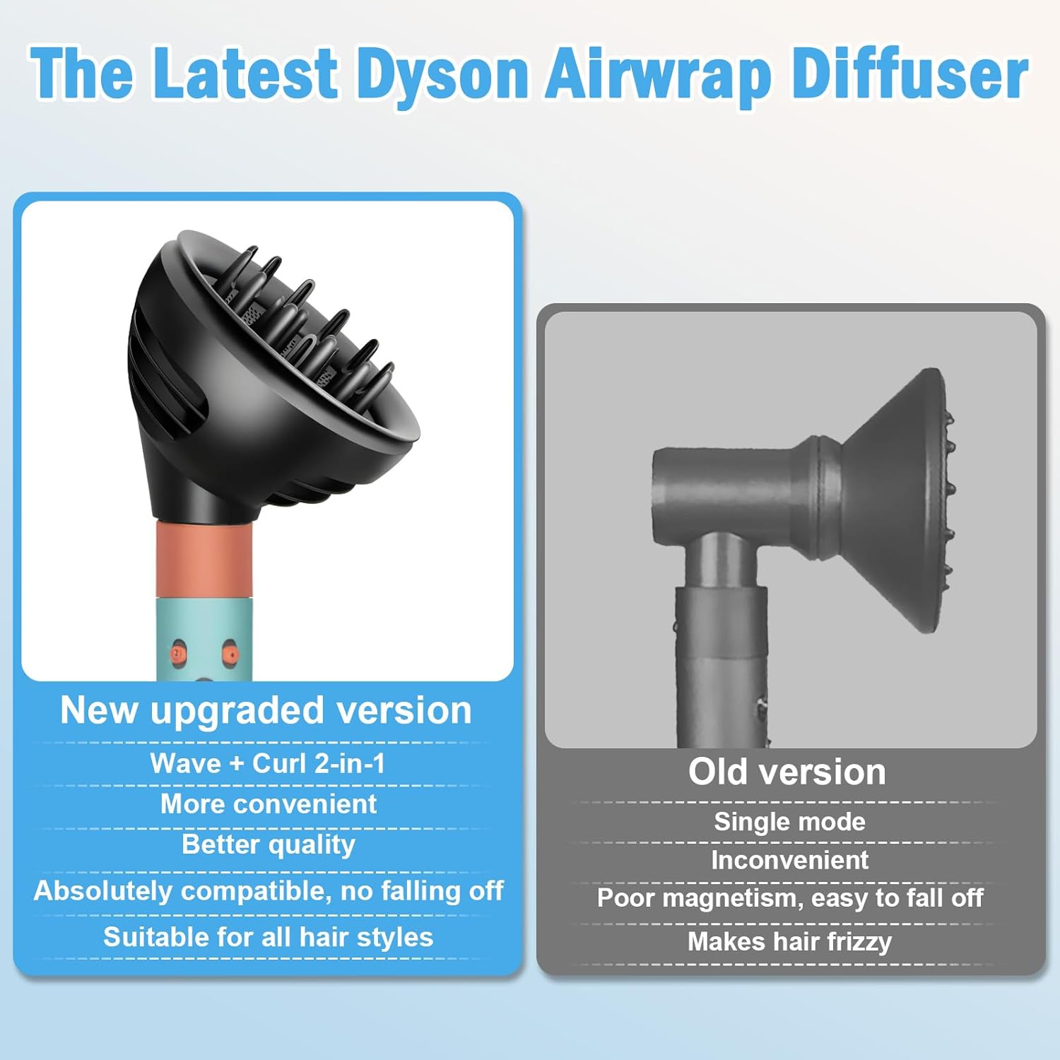 Vergleich zwischen neuem Dyson Airwrap Diffusor und alter Version mit Produktvorteilen.