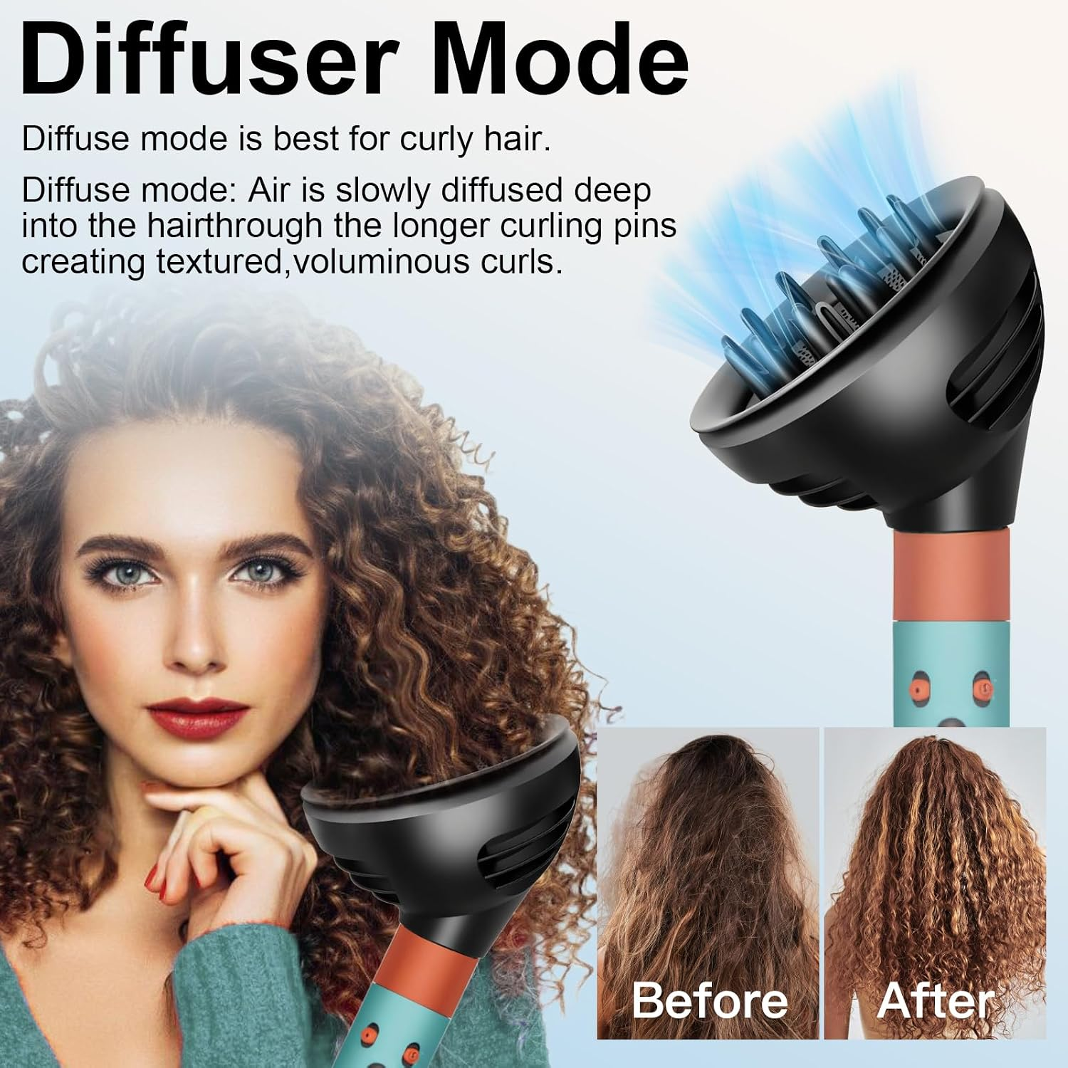Ein Diffusor-Aufsatz auf einem Haartrockner, mit einer Frau mit lockigem Haar und einem Vorher-Nachher-Vergleich.