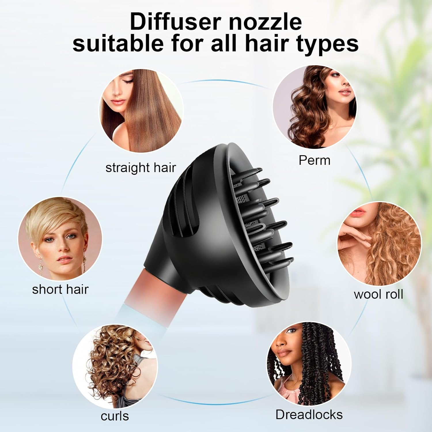 Eine schwarze Haardiffusordüse umgeben von fünf kreisenden Bildern mit verschiedenen Frisuren wie glatt und lockig.