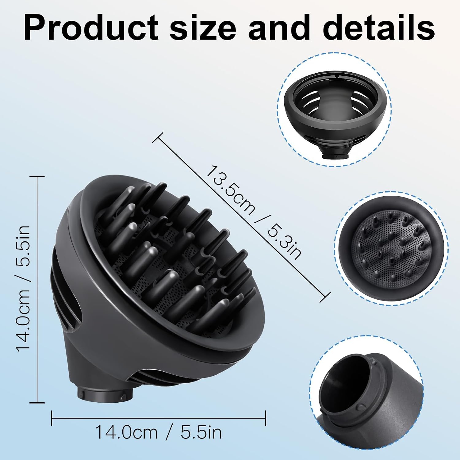 Produktgröße und Details eines schwarzen Föhndiffusors mit Maßen.