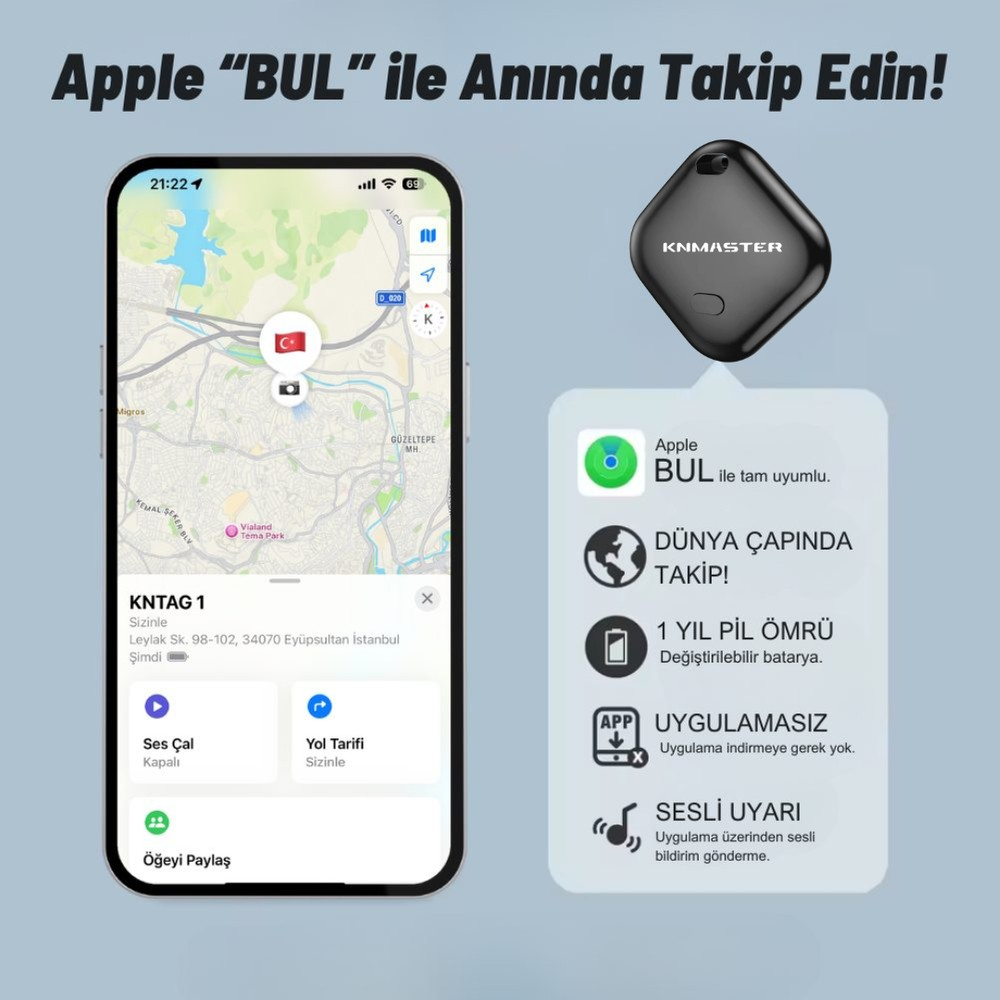 Takip uygulaması haritası gösteren bir akıllı telefon ve yanında siyah takip cihazı ile özellikleri.