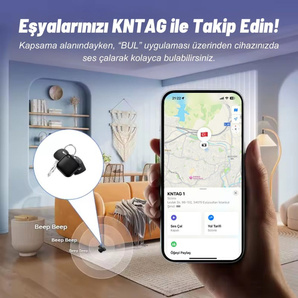 Akıllı telefon, oturma odasındaki küçük bir GNTAG takip cihazının konumunu gösteren bir harita uygulaması sunuyor.