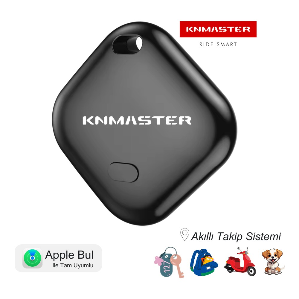 Beyaz arka planda ikonlarla birlikte siyah kare KNMASTER akıllı takip cihazı.