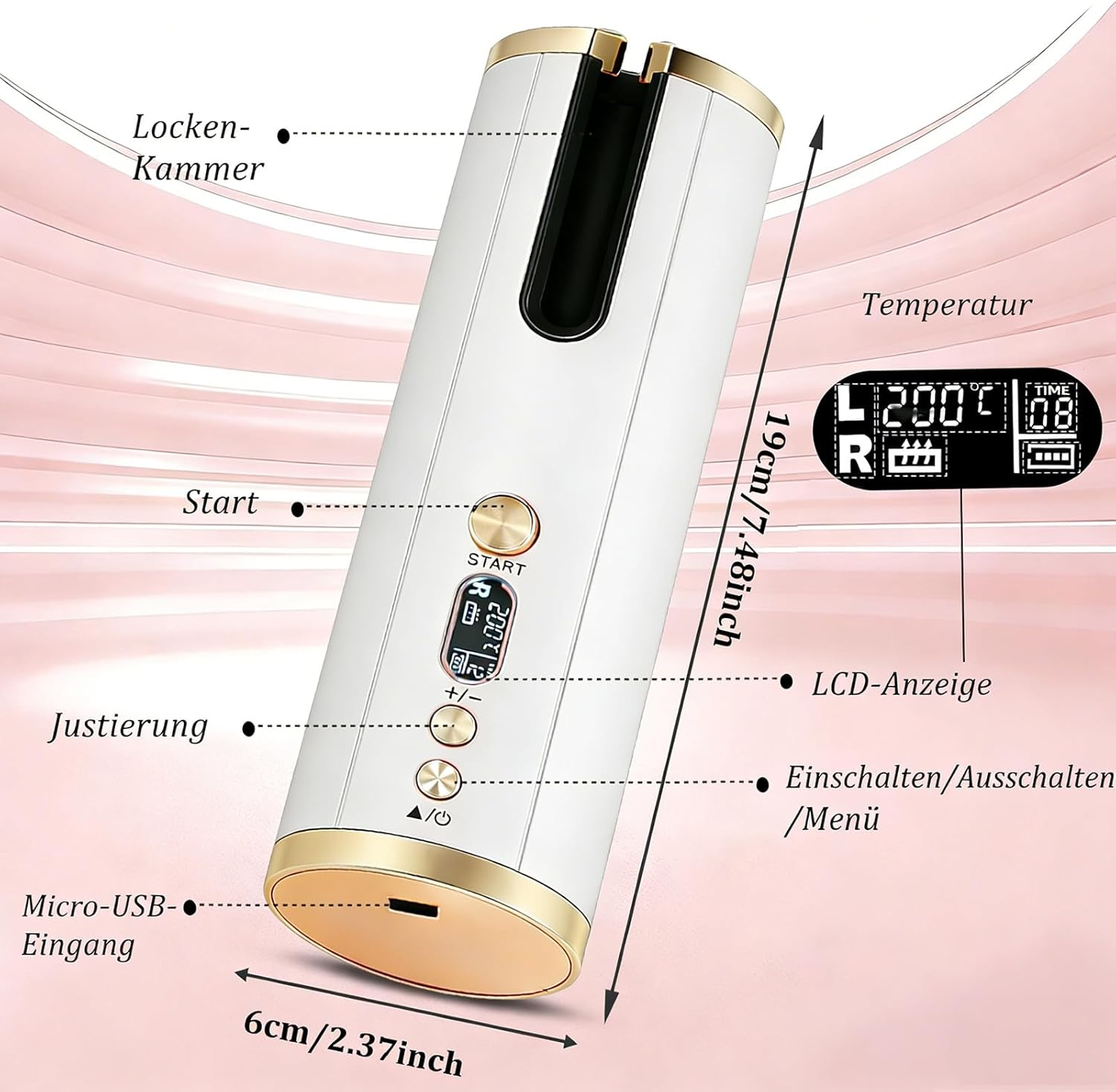 Weiß-goldener automatischer Lockenstab mit Beschriftungen zu Funktionen, Display und Maßen.