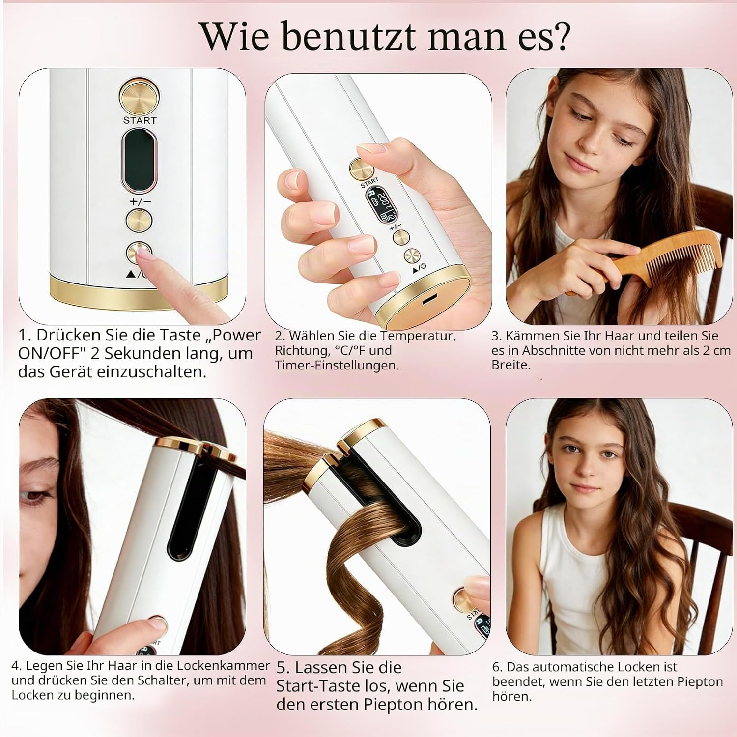 Sechs Bilder zeigen die Schritt-für-Schritt-Anleitung zur Benutzung eines automatischen Lockenstabes.