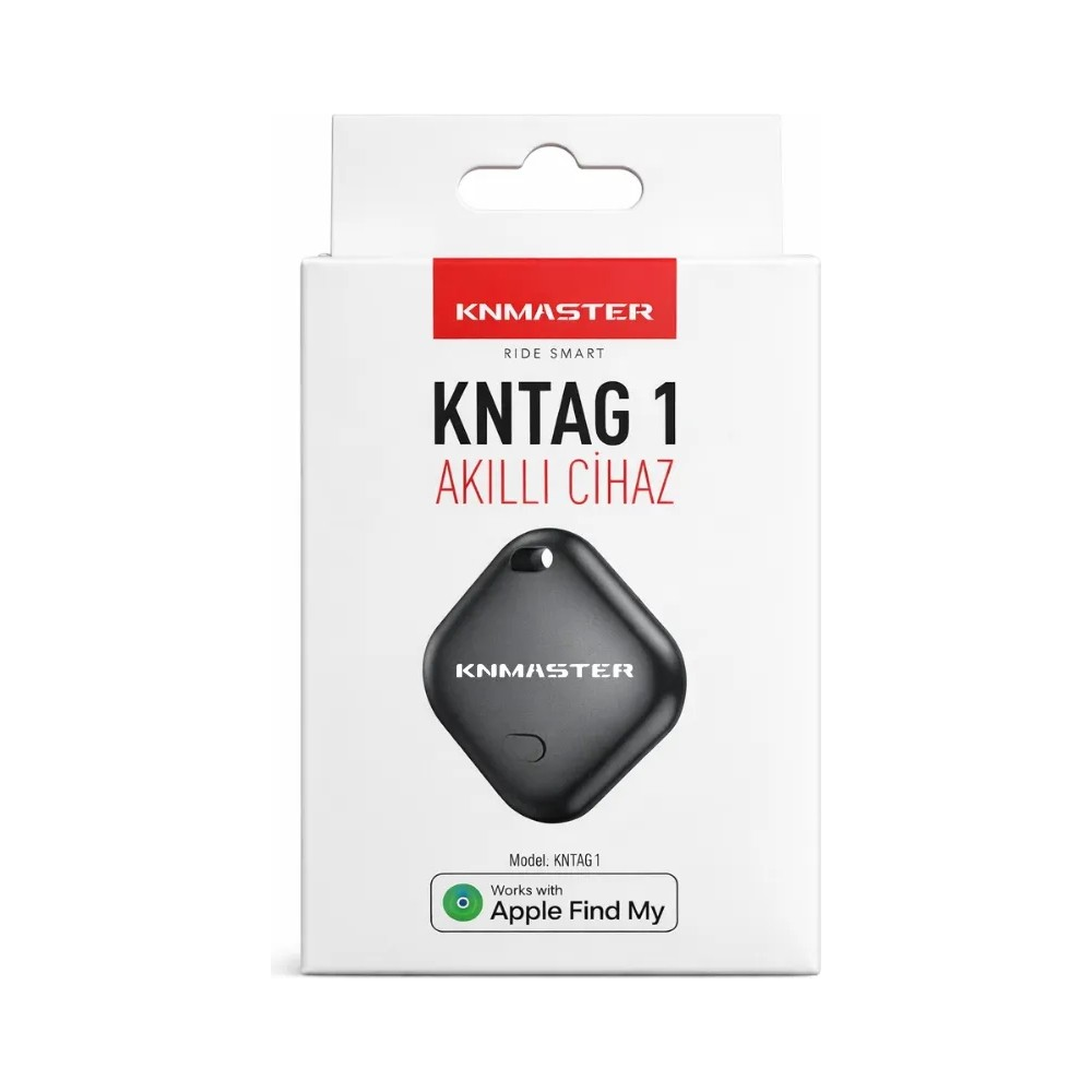Apple Find My uyumlu Knmaster KNTag 1 akıllı cihazın siyah takip cihazı görselinin yer aldığı beyaz ürün kutusu.