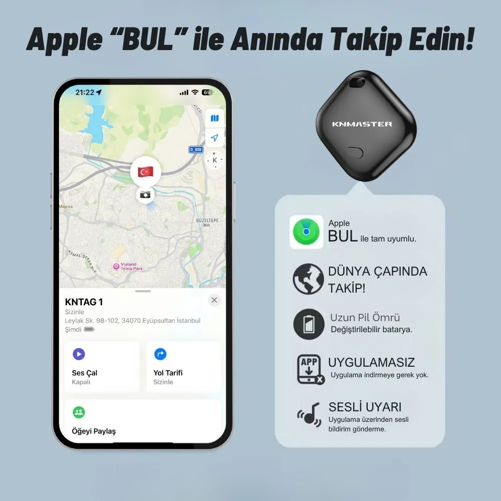 Takip uygulamalı akıllı telefon ve siyah KNMASTER takip cihazı özellikleri.
