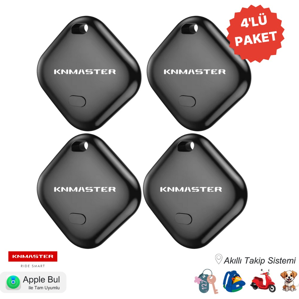 Apple Find My uyumlu 4'lü pakette dört adet siyah KNMASTER akıllı takip cihazı.