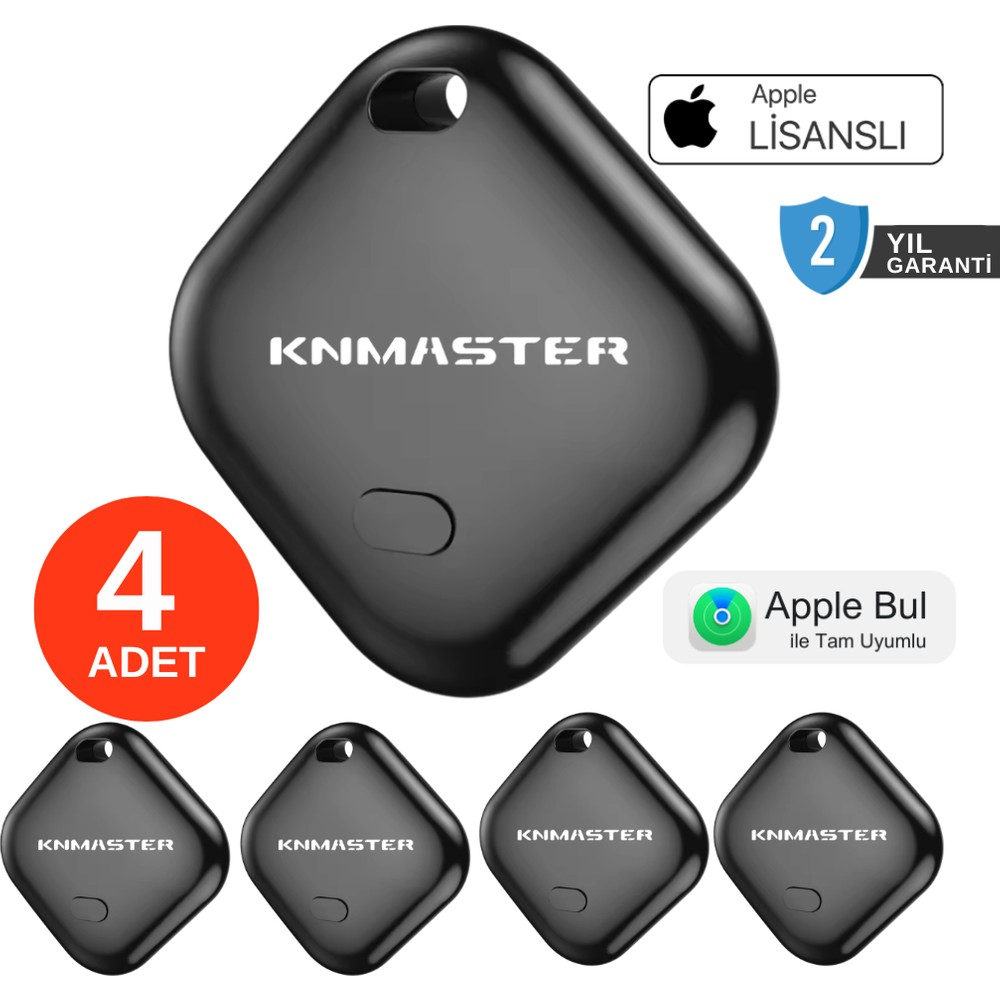 Apple uyumlu ve 2 yıl garantili dört adet siyah Knmaster akıllı takip cihazı.