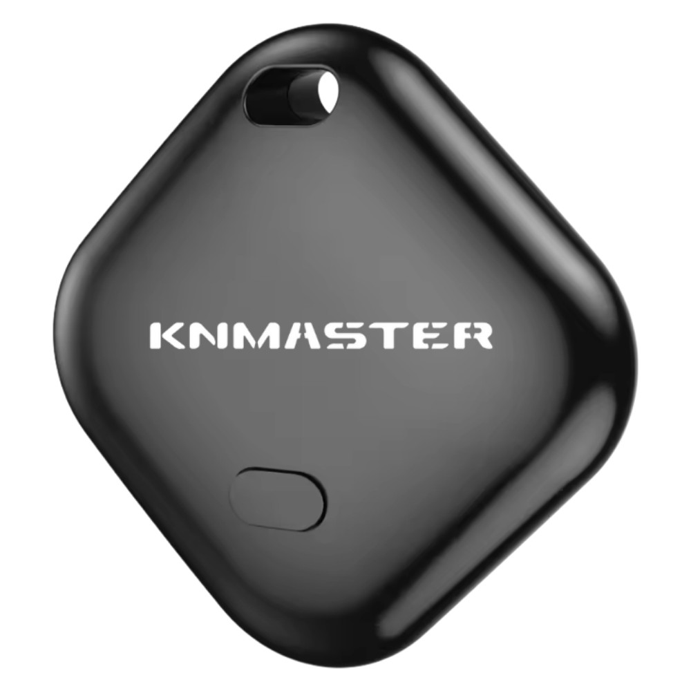Üst kısmında delik ve alt kısmında küçük bir düğme bulunan siyah, elmas şekilli Knmaster takip cihazı.