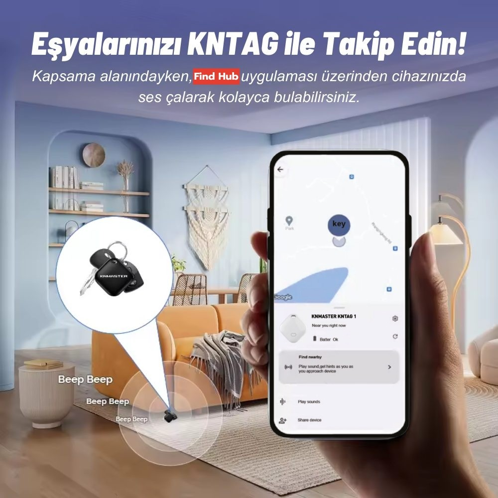 Bir akıllı telefon, oturma odasındaki anahtarlıkta yer alan küçük bir Bluetooth cihaza bağlı takip uygulamasını gösteriyor.