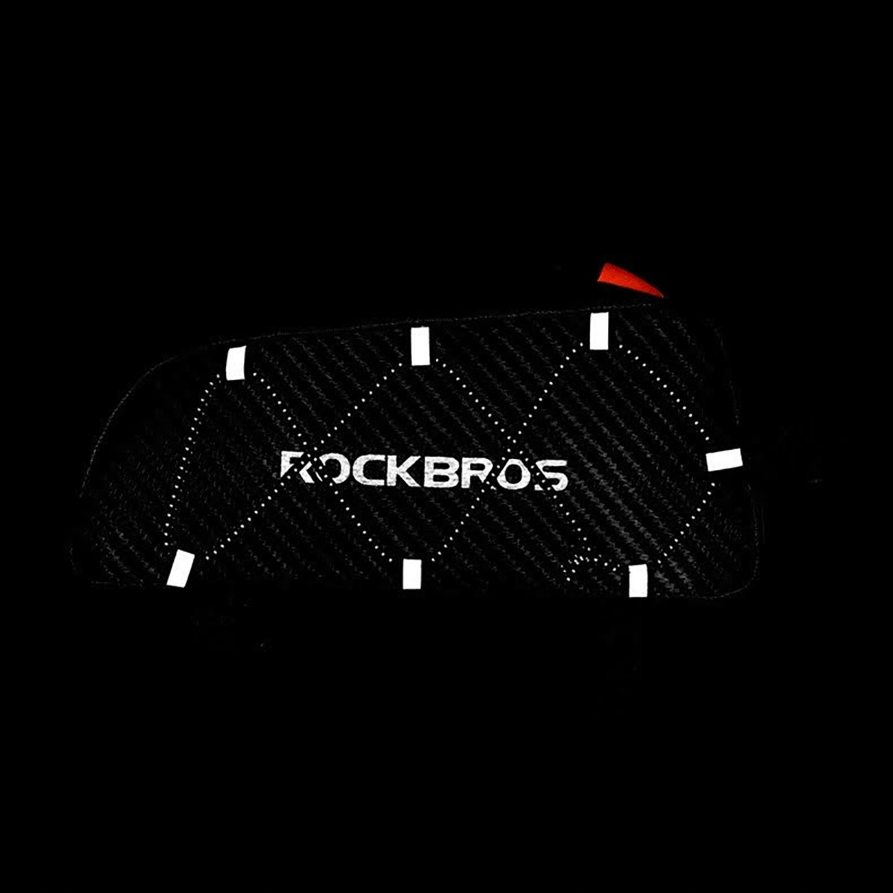 Borsa da telaio per bici RockBros nera con linee riflettenti e logo bianco su sfondo nero.