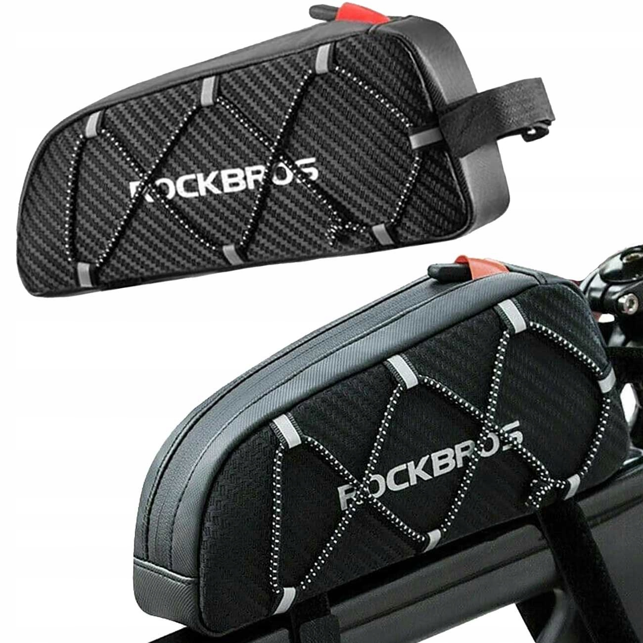 Borsa da telaio per bici nera RockBros con corde riflettenti, isolata e montata.
