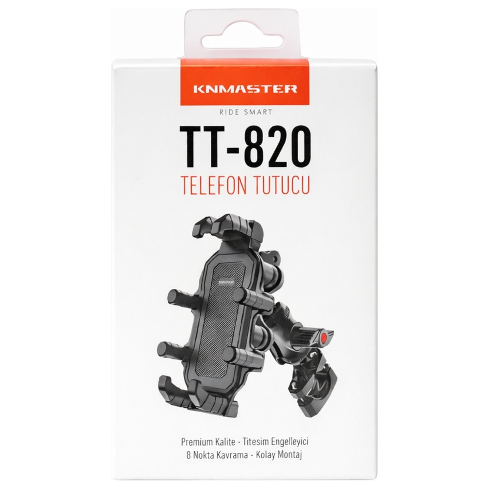 KNMASTER TT-820 telefon tutucu için üzerinde ürün görseli olan beyaz ürün kutusu.