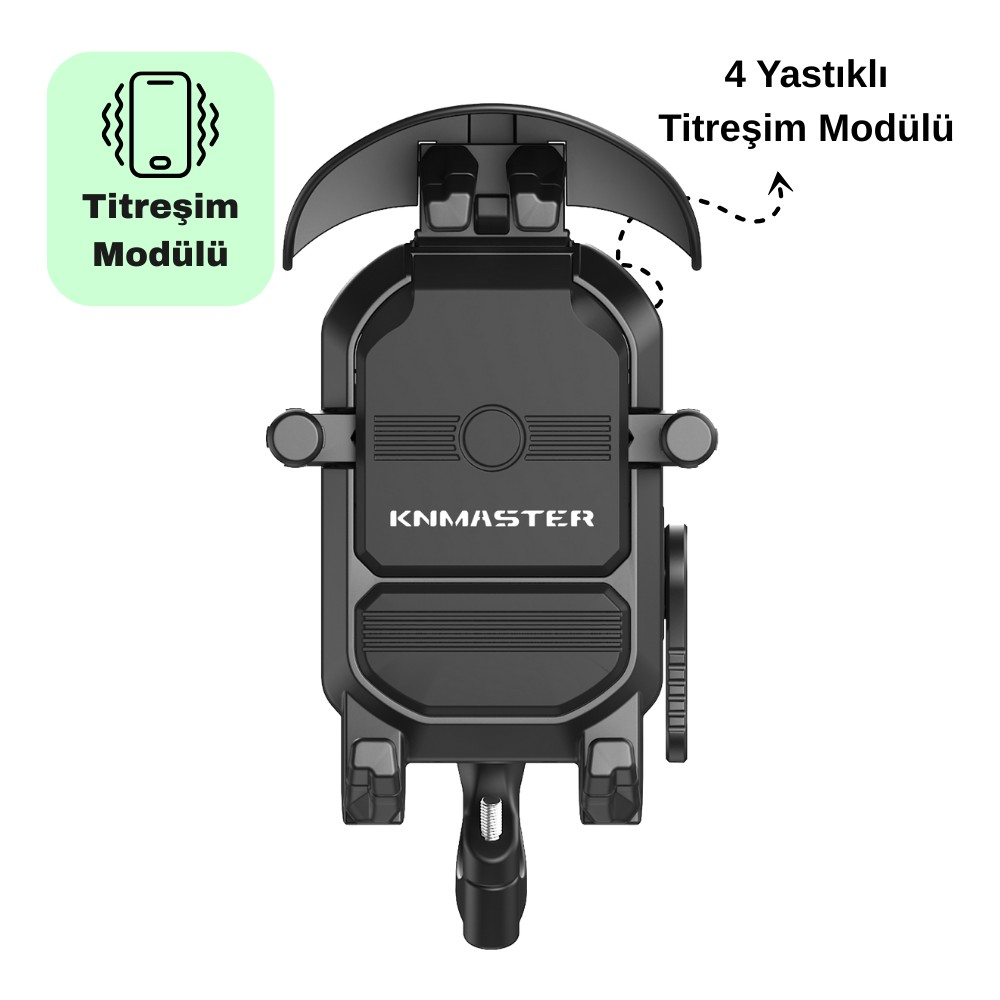 Sol tarafında yeşil simge ve Türkçe metin olan, titreşim modüllü siyah KNMASTER telefon tutucu.