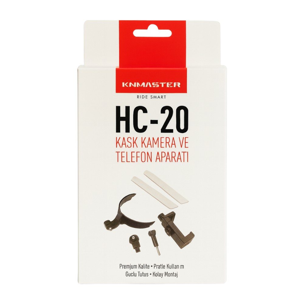 Beyaz arka planda Knmaster HC-20 kask kamera ve telefon aparatı ürün ambalajı.