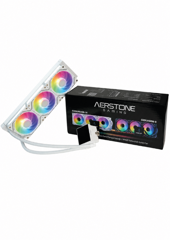 Beyaz arka plan önünde siyah kutu yanında üç RGB fanlı beyaz Aerstone Gaming sıvı soğutucu.