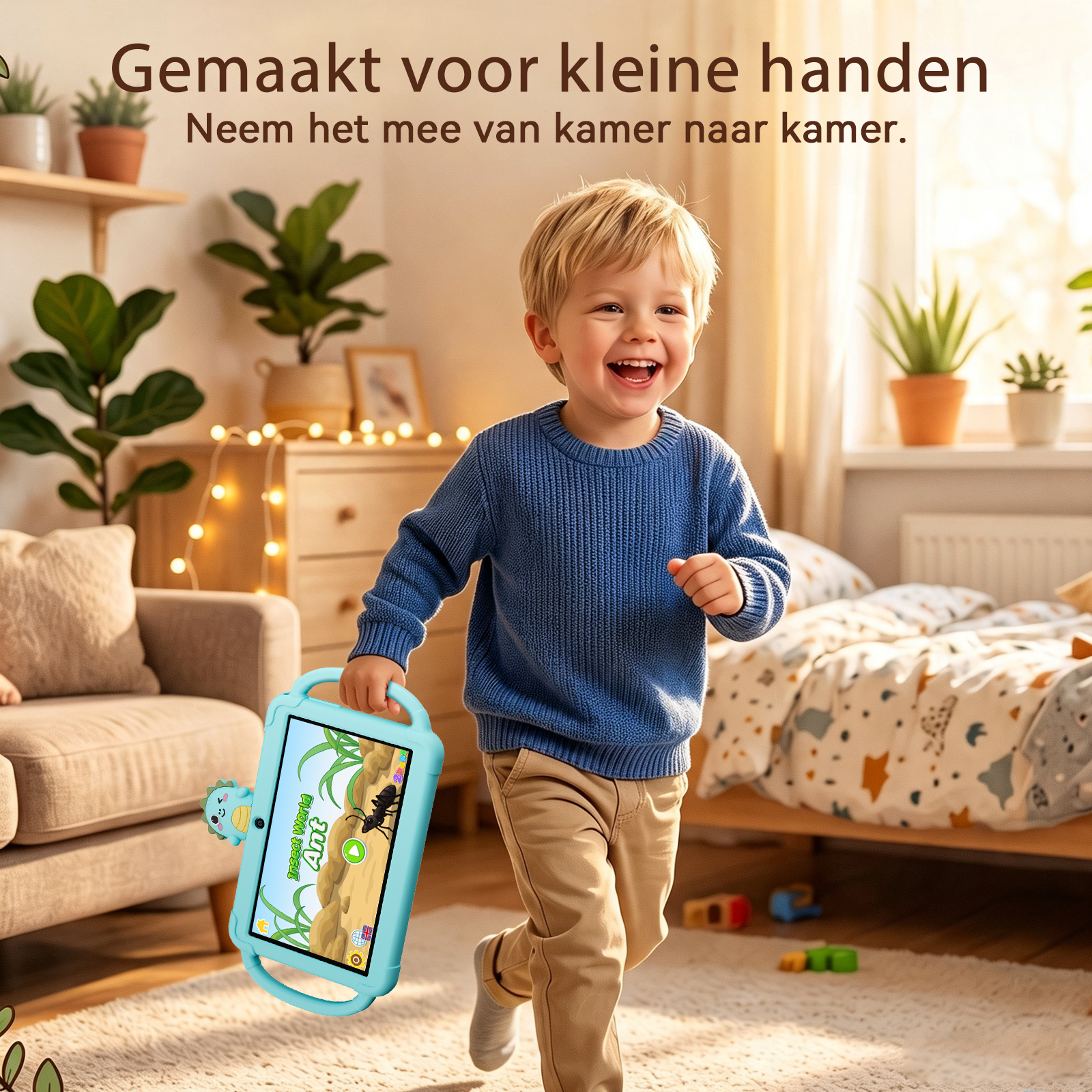 A smiling boy in a blue sweater carries a light blue tablet in a brightly lit, plant-filled bedroom.