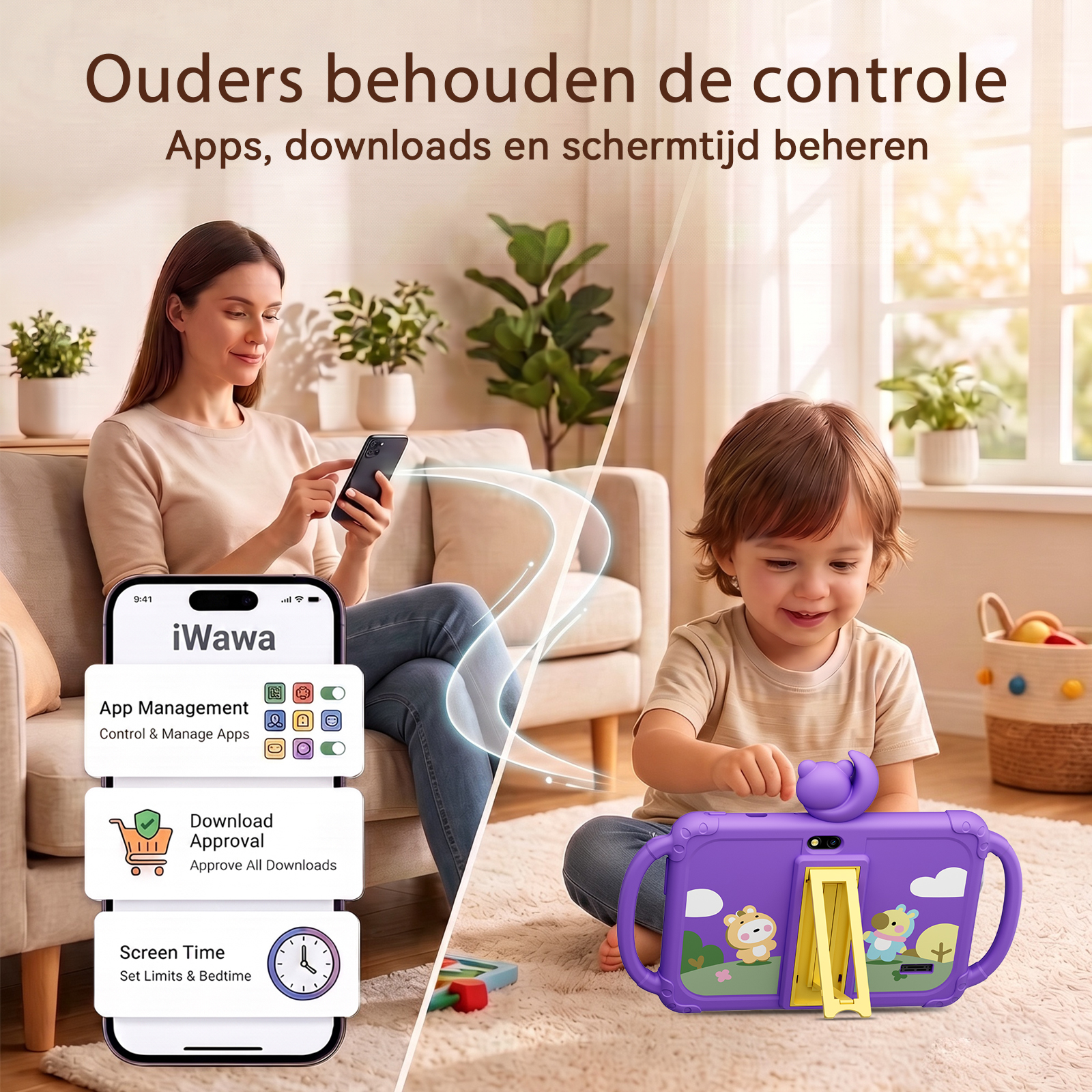 A mother uses her phone on a couch to manage parental control settings while a child plays on a purple tablet.