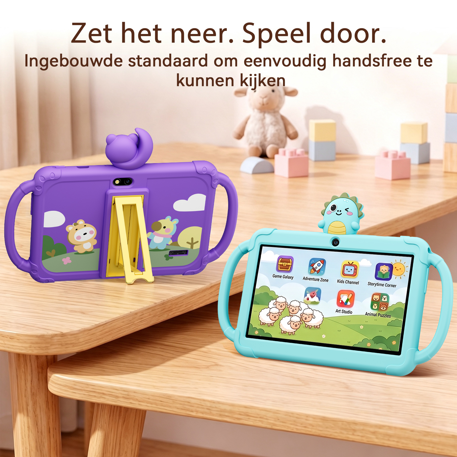 Purple and blue children's tablets in protective cases with built-in stands are displayed on a wooden table.