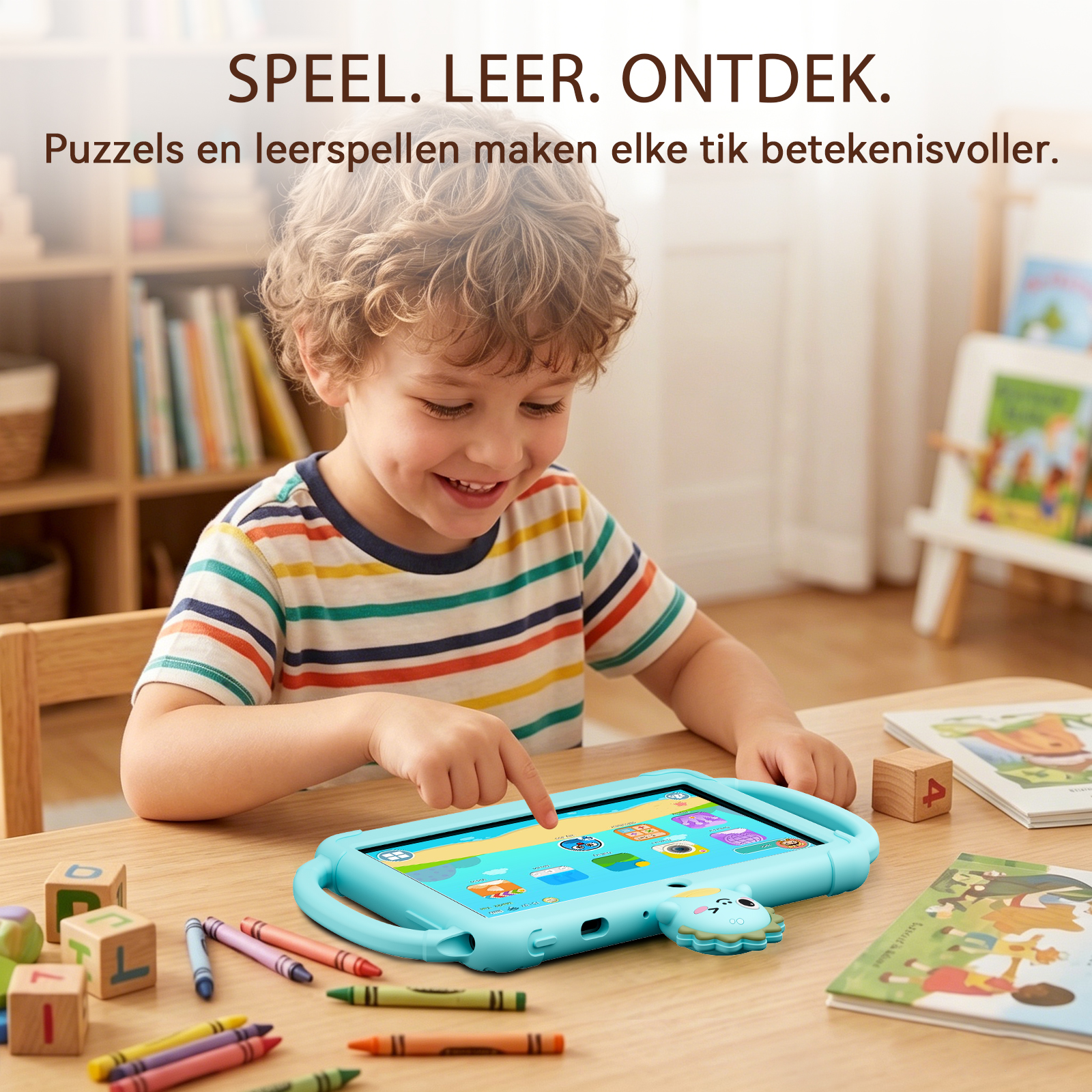 A smiling boy in a striped shirt taps a light blue tablet with colorful icons, sitting at a wooden desk with toys.