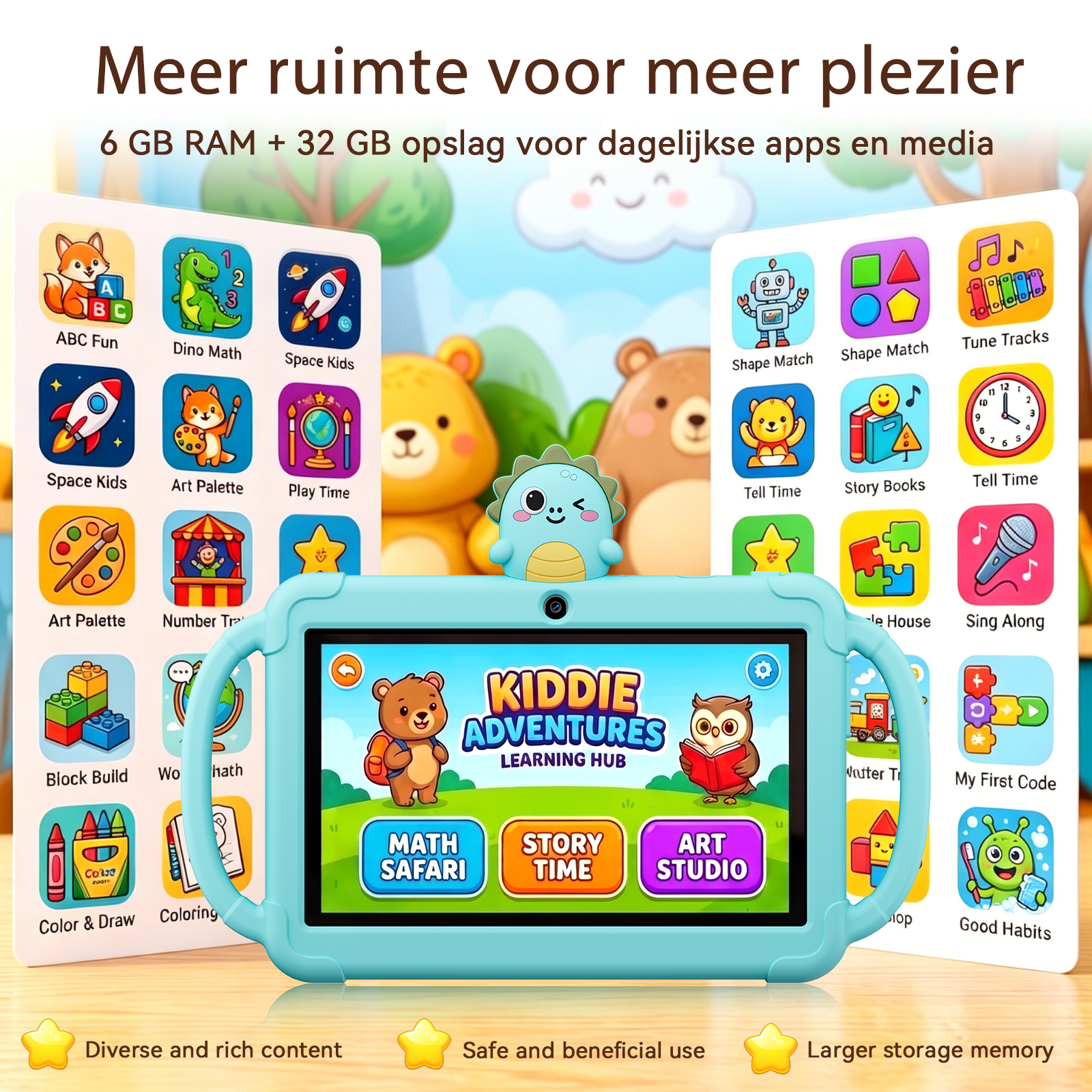 Cyan kids tablet with bear and owl graphics, learning apps, and two large handles.