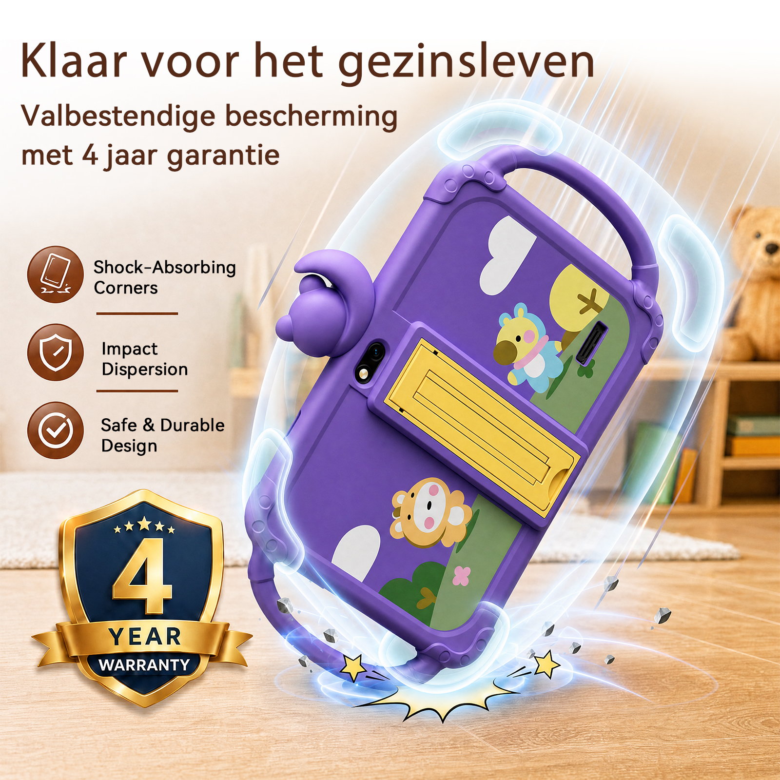 A purple kids phone case with shock-absorbing corners, a handle, and a kickstand, shown bouncing on a wooden floor.