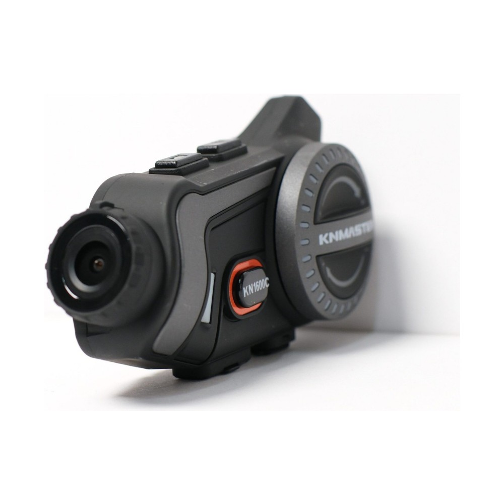 Kamera lensi ve yuvarlak kontrol kadranına sahip siyah Knmaster KN1600C motosiklet Bluetooth kulaklığı ve kamerası.