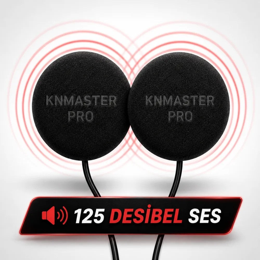 Kırmızı ses dalgaları ve 125 DESİBEL SES yazılı iki siyah KNMASTER PRO kulaklık.