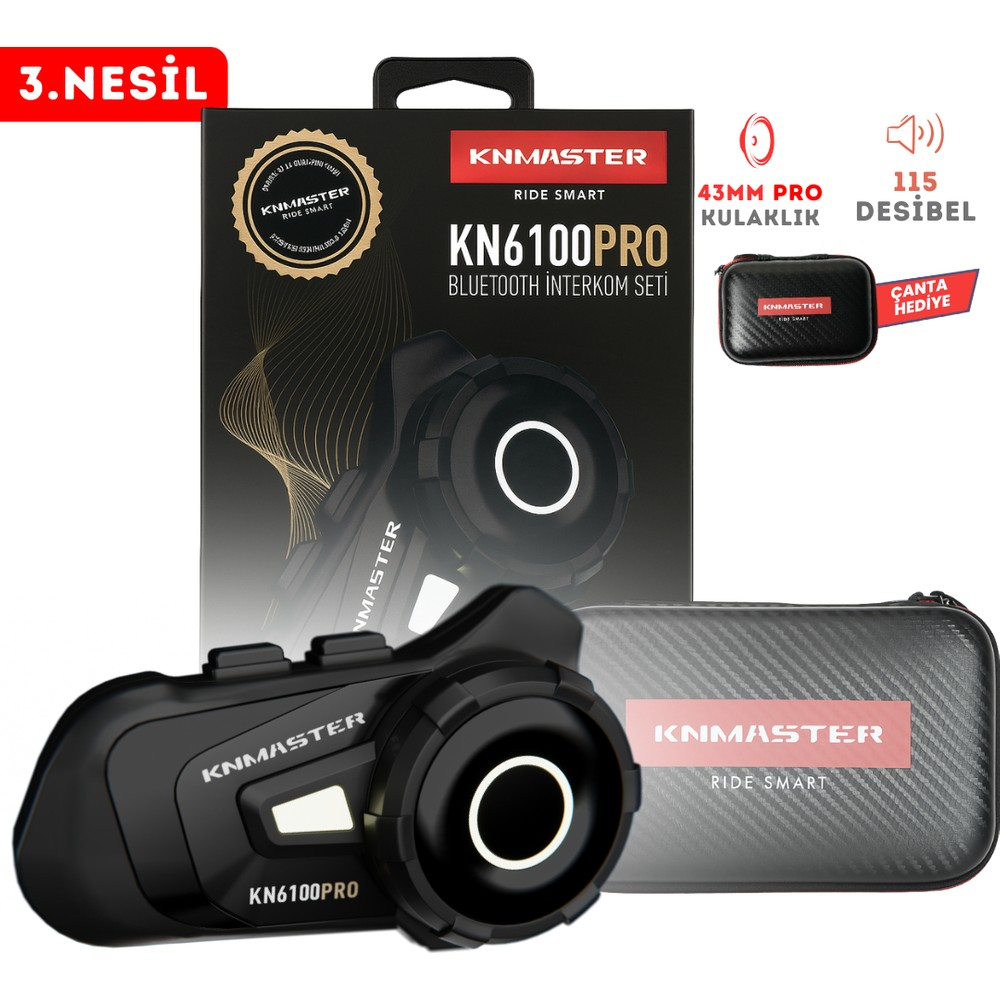 Kutu ve taşıma çantasıyla KNMASTER KN6100PRO Bluetooth interkom seti.