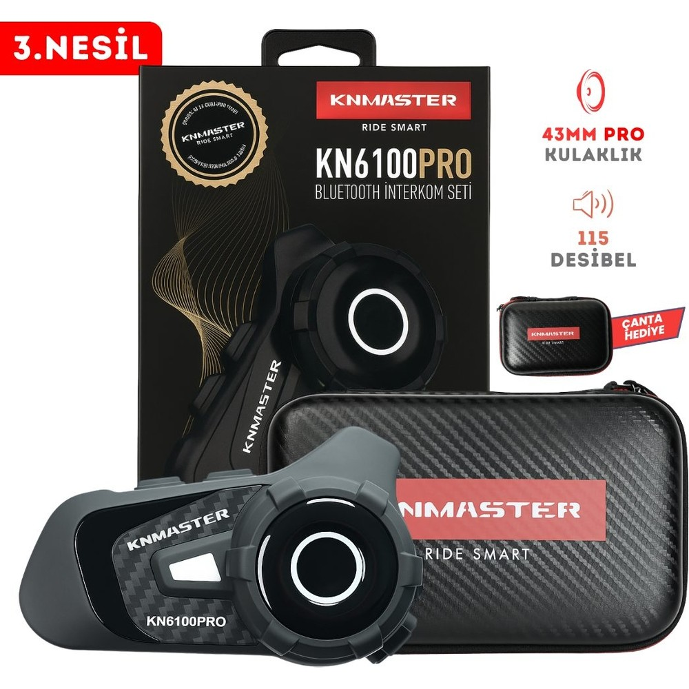 Koyu arka planda cihaz, kutu ve taşıma çantasıyla KNMASTER KN6100PRO Bluetooth interkom seti.