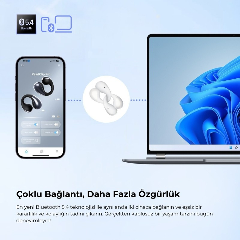 Bluetooth 5.4 Kopfhörer verbunden mit Smartphone und Laptop.