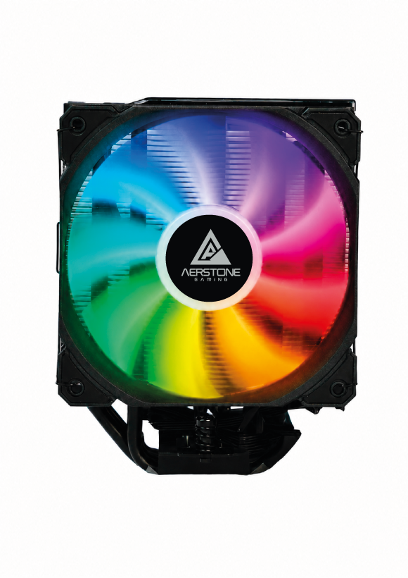 Ortasında Aerstone Gaming logosu ve canlı RGB aydınlatması olan bir CPU soğutucu.