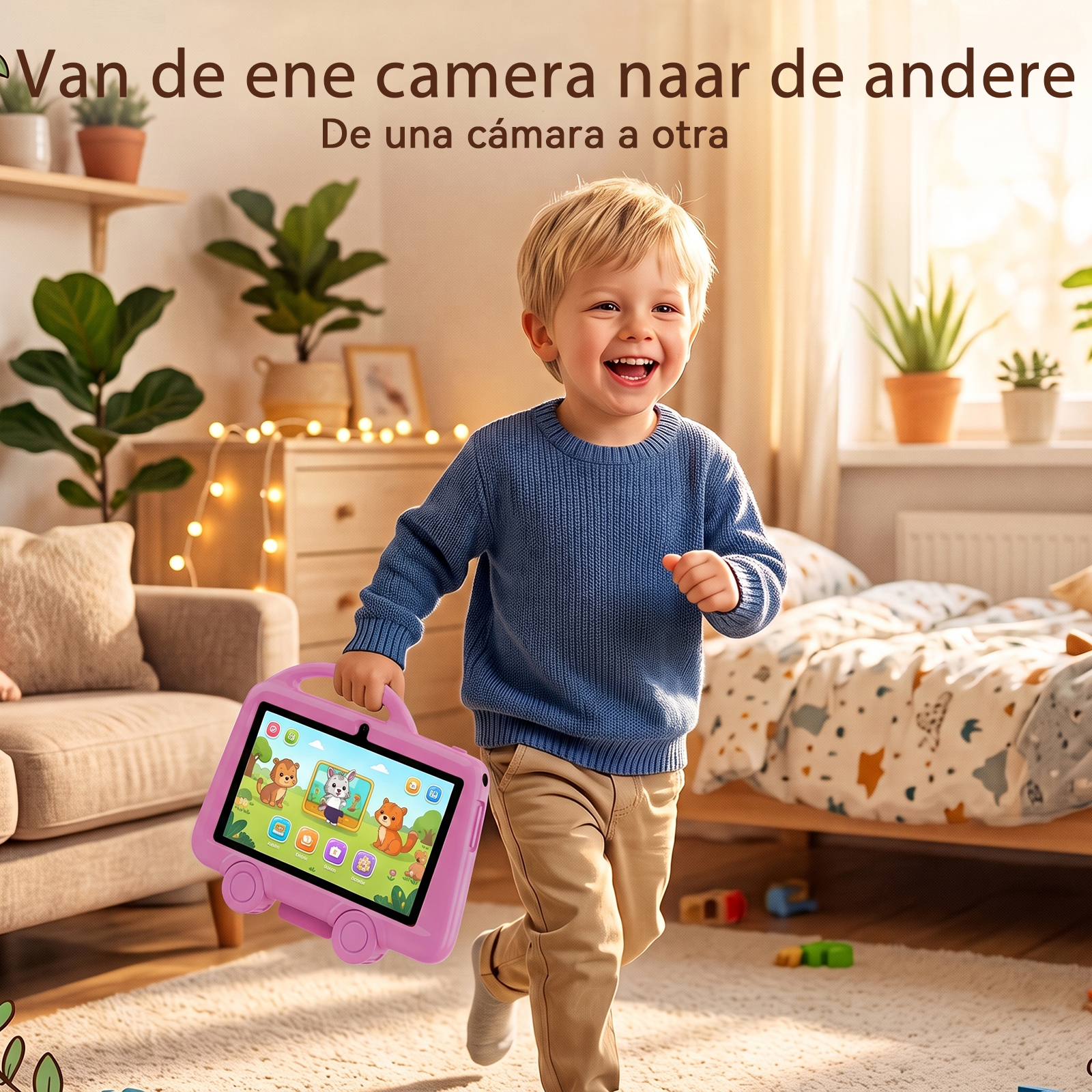 Happy boy in a blue sweater runs through a bright bedroom carrying a pink educational tablet.