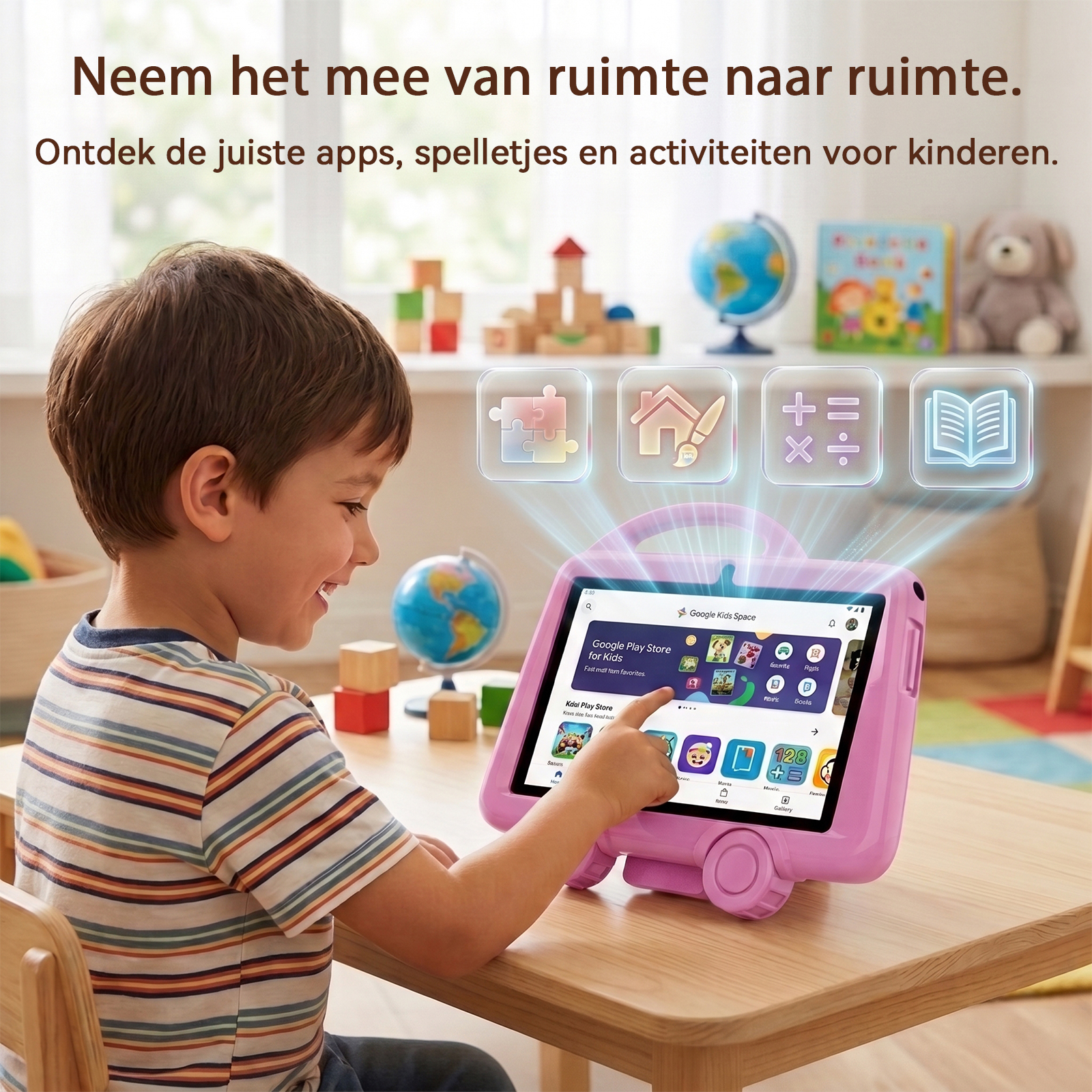 A young boy uses a pink tablet on a table, with icons projecting upward. The background shows toys in a bright room.