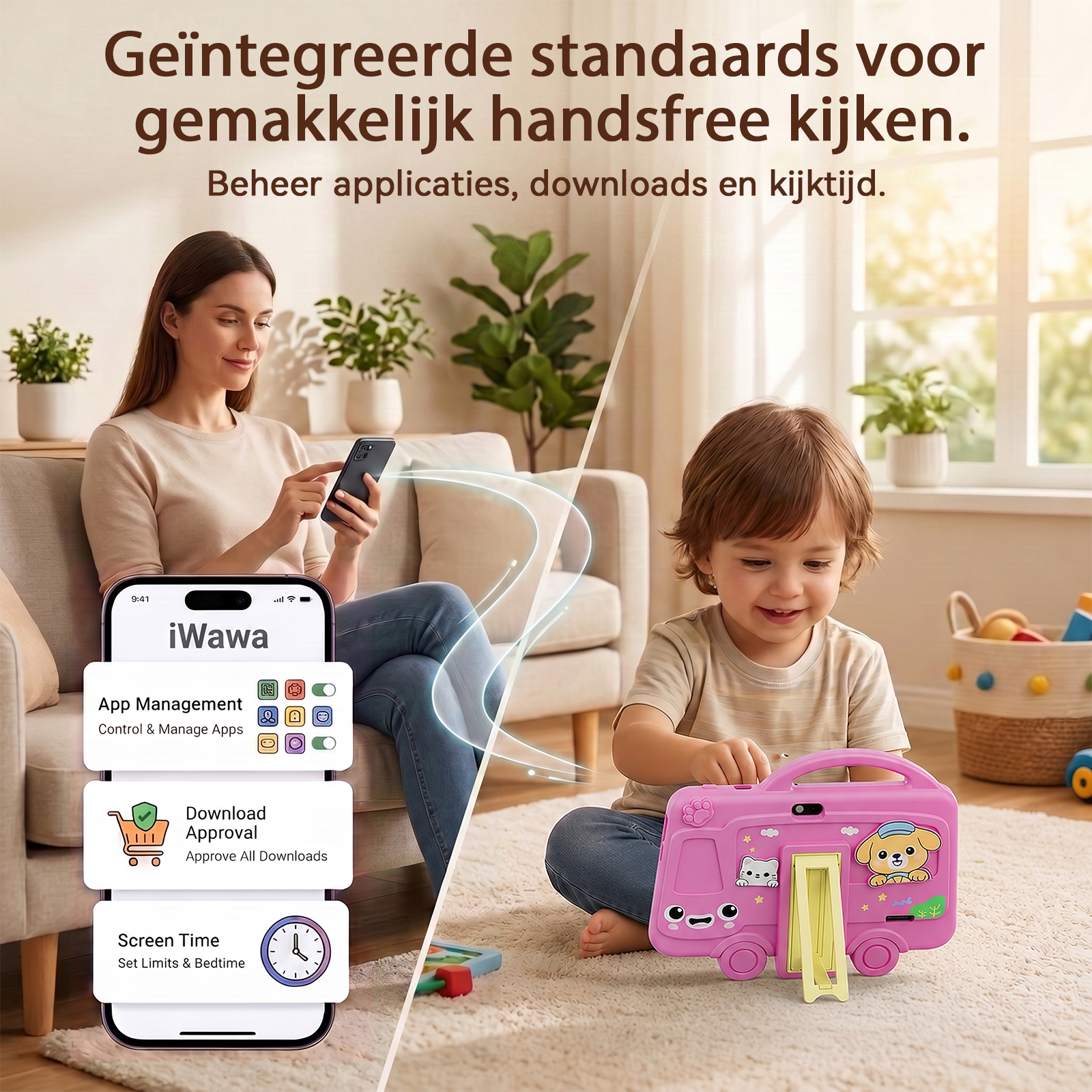 A mother uses a smartphone app to manage and control her child's tablet screen time and downloads.