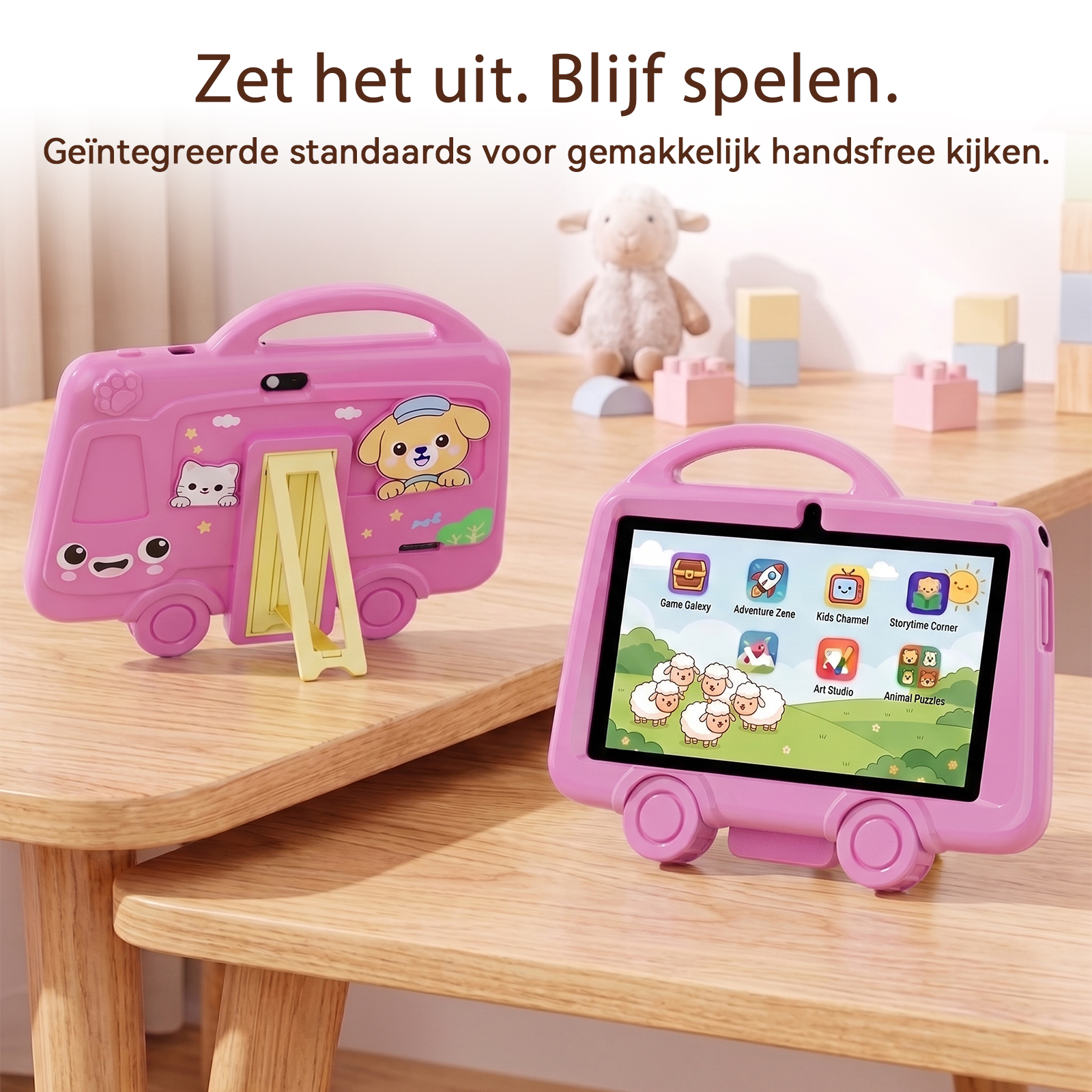 Two pink bus-shaped kids tablet cases with stands on a wooden table.