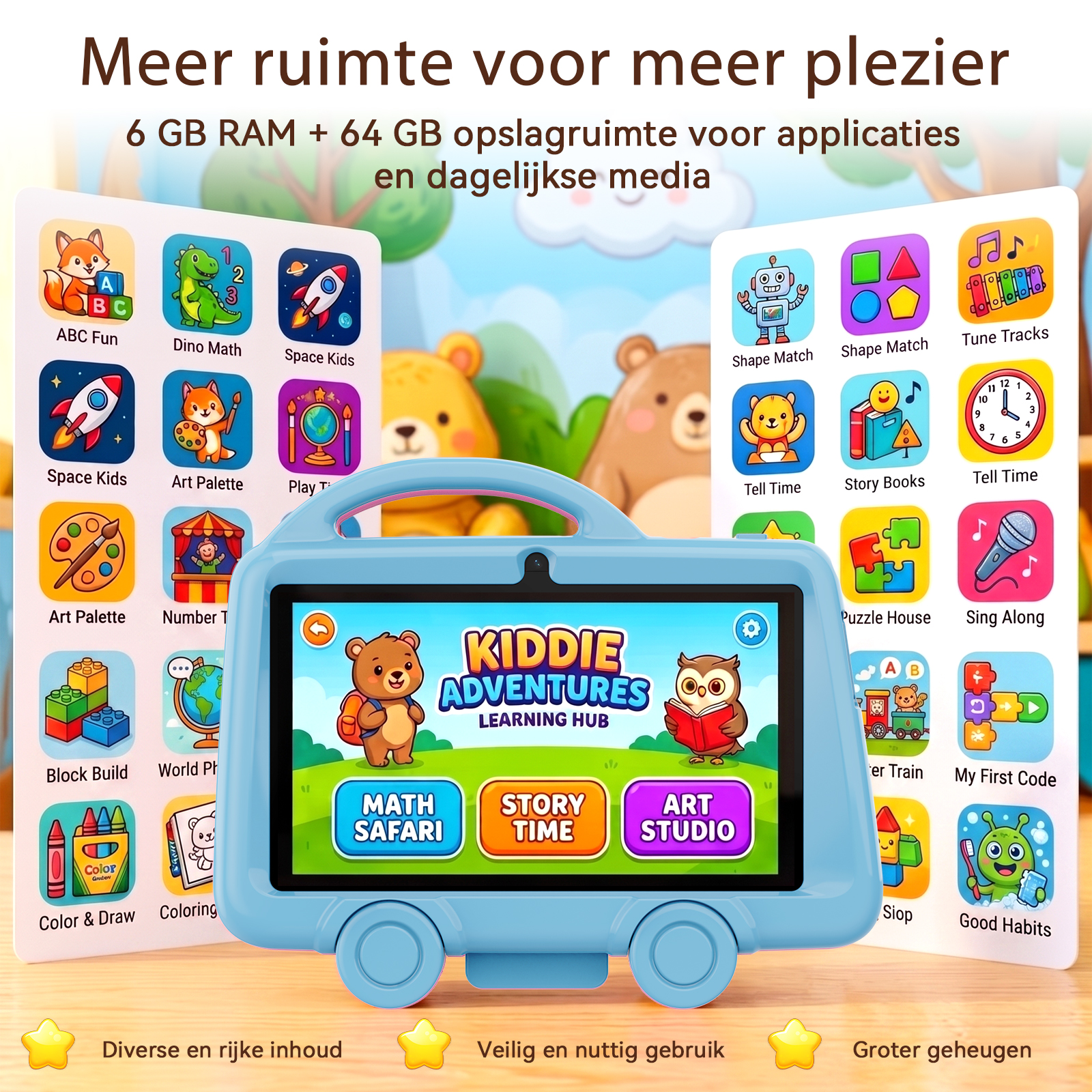 A blue child-friendly tablet shaped like a car with educational app cards and Dutch text.