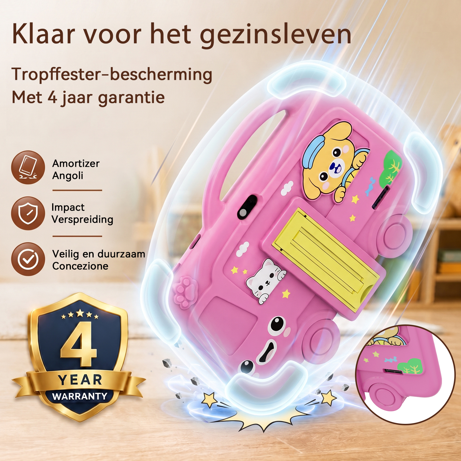 A pink children's tablet case shaped like a bus with drop protection and a four-year warranty icon.