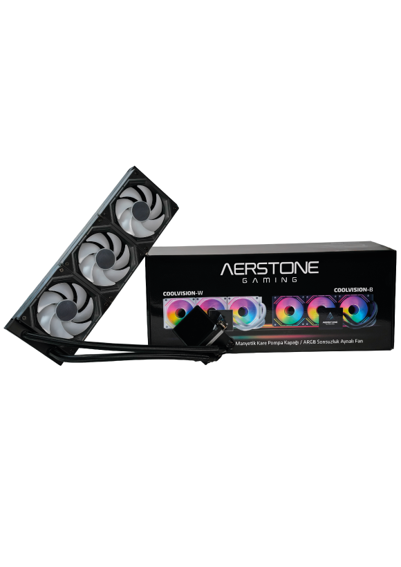 Beyaz arka planda üç beyaz fanlı ve siyah kutulu Aerstone Gaming sıvı CPU soğutucusu.