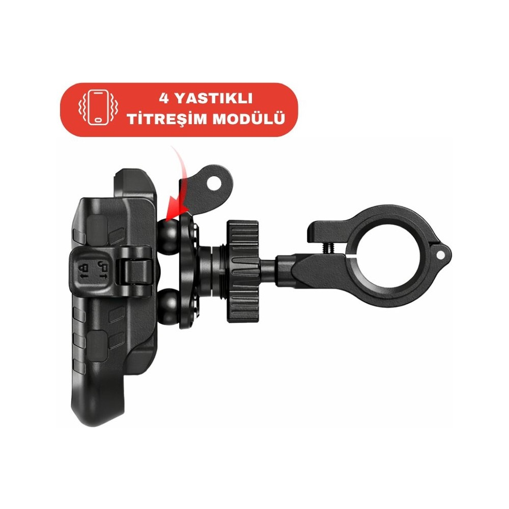 Beyaz arkaplanda titreşim sönümleyicili ve gidon kelepçeli siyah motosiklet telefon tutucusu.