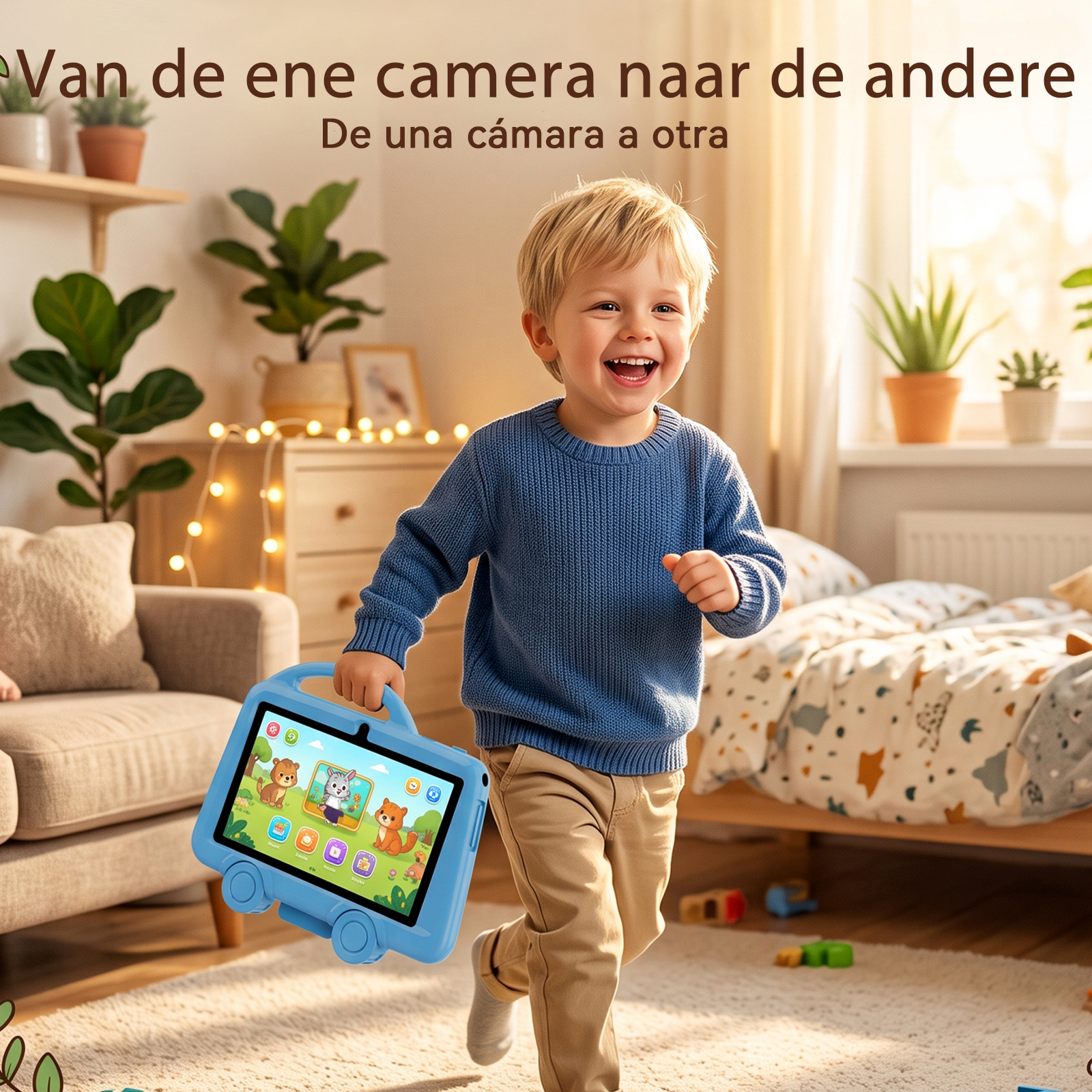 Happy blond boy in blue sweater carrying a blue tablet in a child's bedroom.