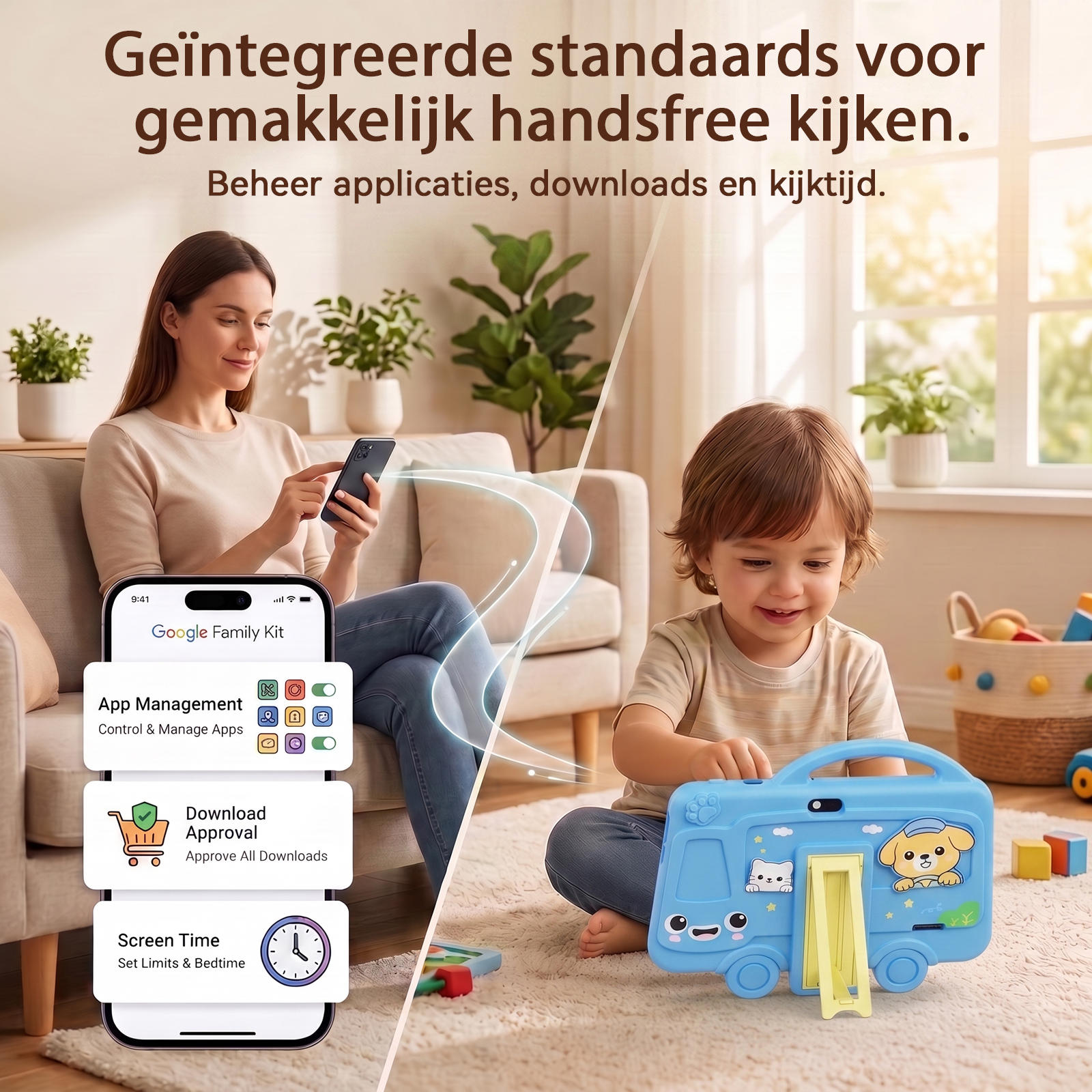 A woman controls apps via phone while a child happily plays with a blue tablet case on the floor.