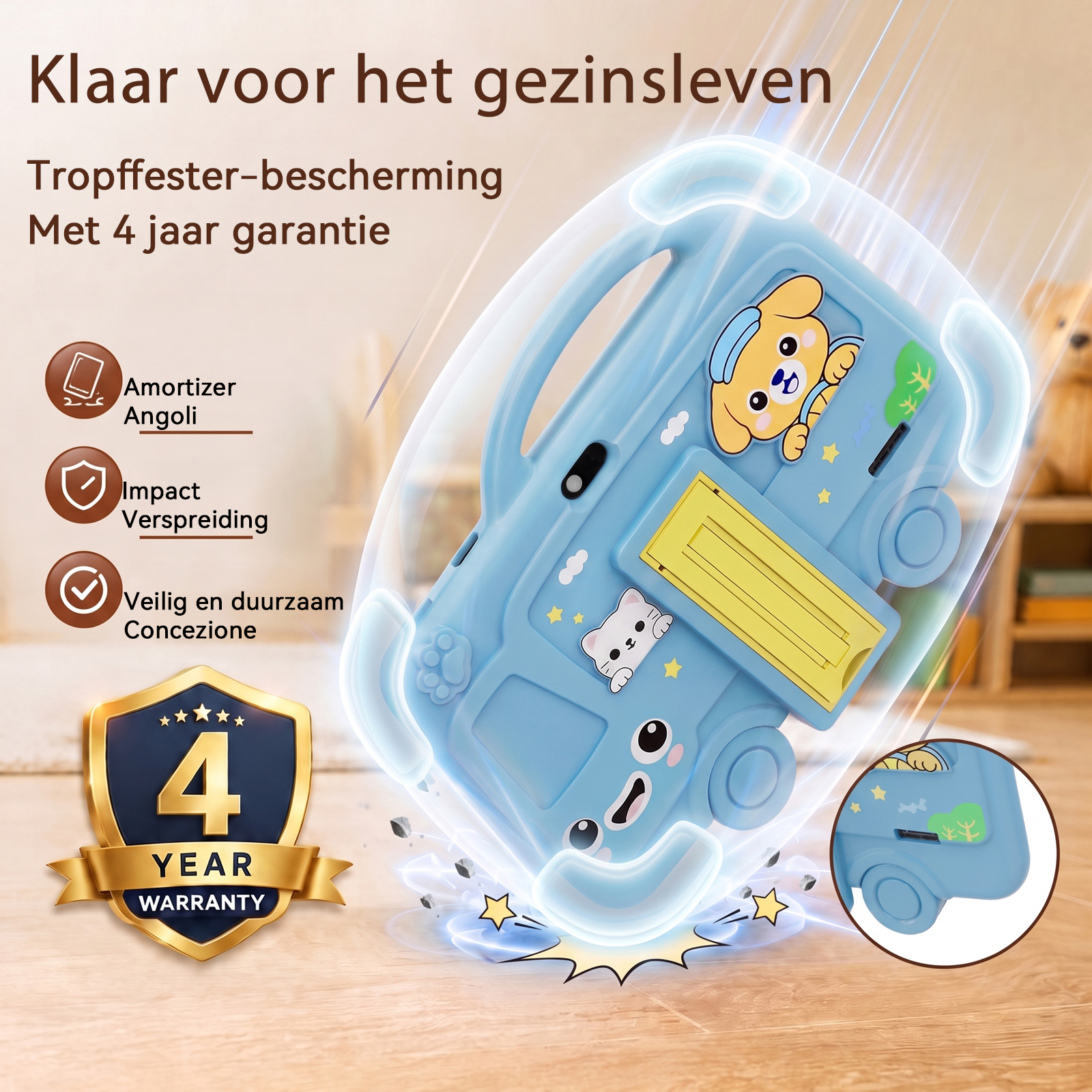 Blue kids tablet case with cartoon dog, shockproof protection, and 4-year warranty.