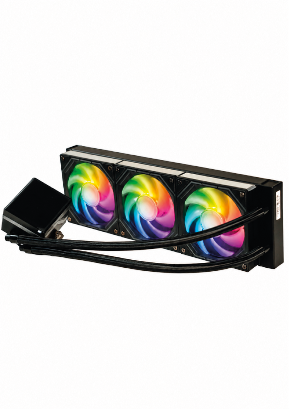 Canlı RGB ışıkla parlayan üç fana ve siyah borulara sahip bir sıvı CPU soğutucusu.