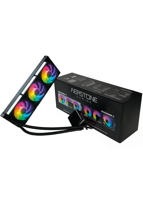 Ürün kutusunun yanında üç RGB aydınlatmalı fana sahip siyah bir Aerstone Gaming CPU sıvı soğutucu.